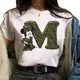 Kawaii Disney Cartoon Women T-shirt Cute Minnie Mouse Letter A B C D Loose Short Sleeve Crop Top