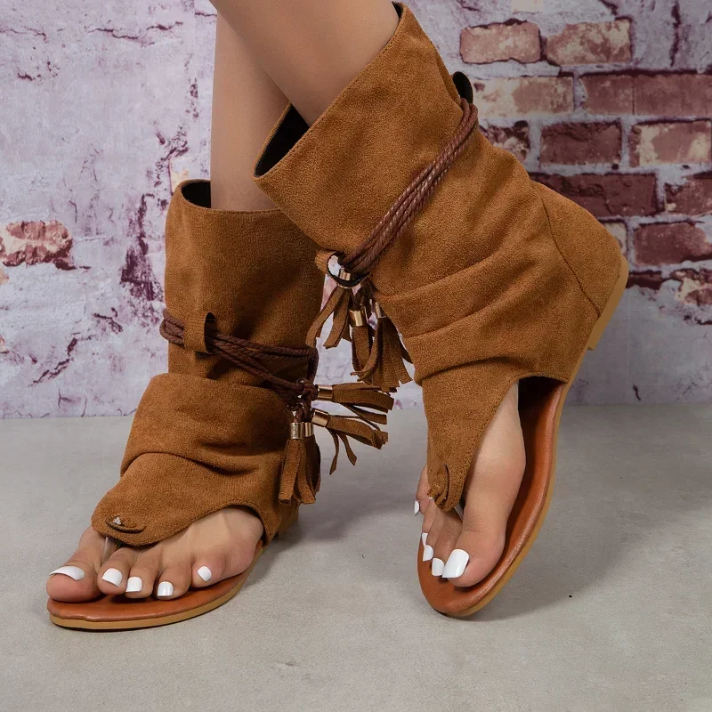 Frauen Sommer Stiefel Offene spitze Flache Quaste Design Sandalen Römischen Sandale Elegante Schuhe Plus Größe 35-43 Alias mujer 2024