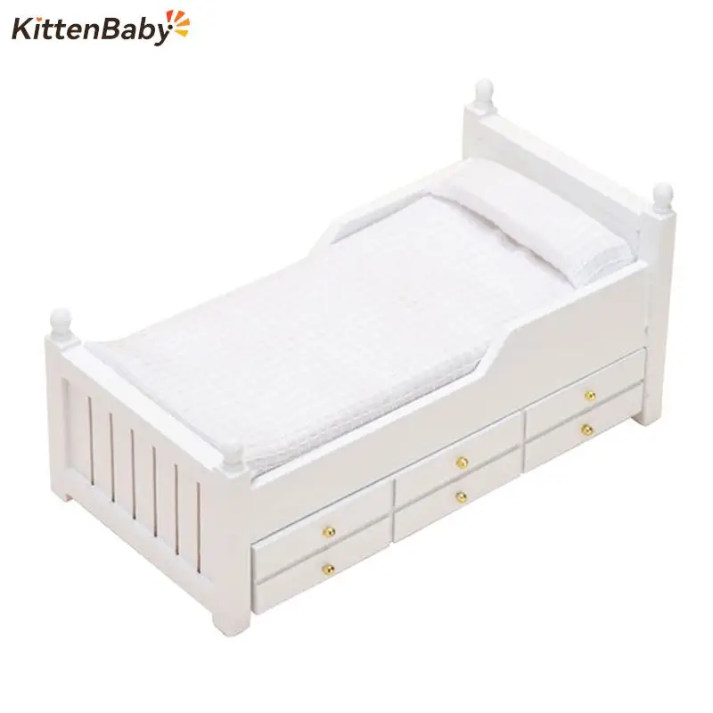 1:12 puppenhaus Miniatur Bett Weiß Europäischen Einzel Bett Mit Schublade Schlafzimmer Möbel Modell Decor Spielzeug Puppe Haus Zubehör