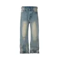 DistMurcia-Jean Baggy Vintage pour Homme et Femme Bleu Noir Droit Déchiré Effiloché Denim