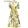 Seasixiang Designer Spring Cotton Dress donna manica corta monopetto Lace-up giallo stampa floreale