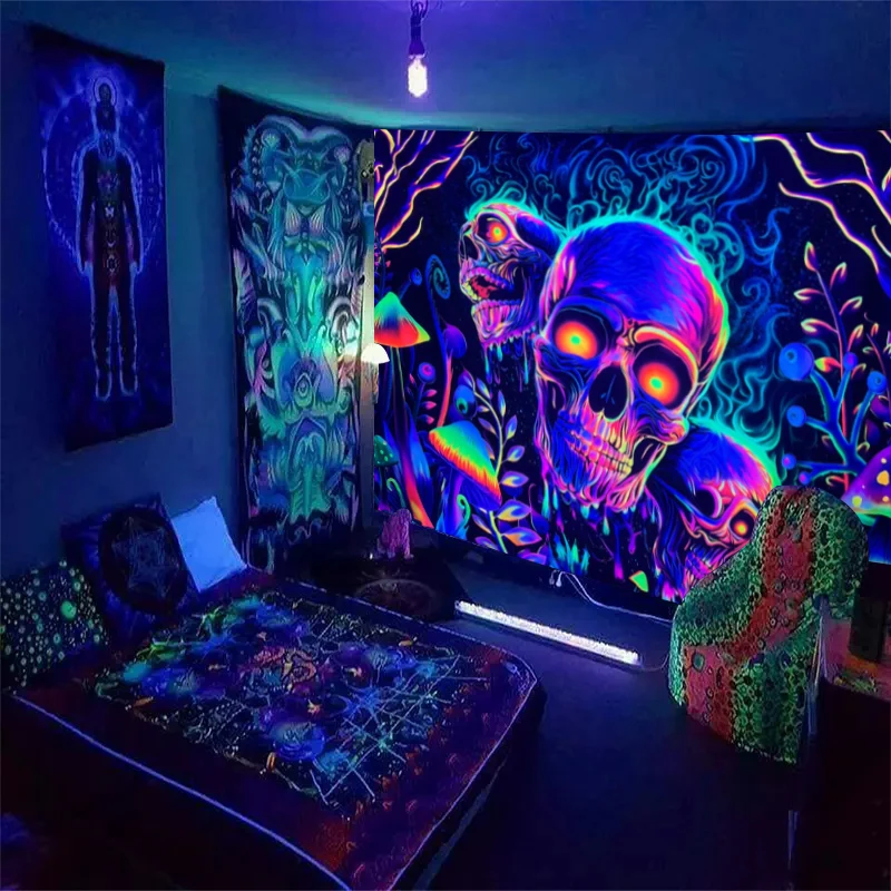 1 Stück Skelettblume fluoreszierender Wandteppich, UV-Wandteppich, Pflanzenpilz-Wandteppich, ästhetische Dekoration für Schlafzimmer, Wandbehang Image