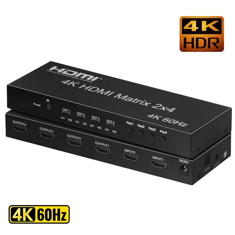 2x4 HDMI-Matrix-Switch 4x2 4K 60 Hz Matrix HDMI2.0-Switch-Splitter 2 in 4 out mit optischer 3,5-mm-Audioausgang mit IR-Fernbedienung HDCP2.2 Image