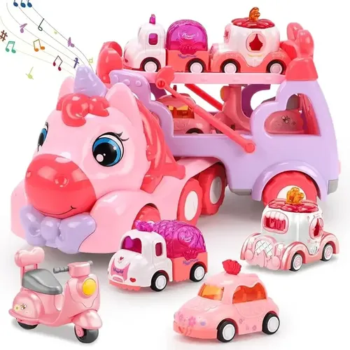 5 in 1 Einhorn Träger LKW Auto Spielzeug für Mädchen Einhorn Kleinkind Spielzeug Auto Set mit Musik