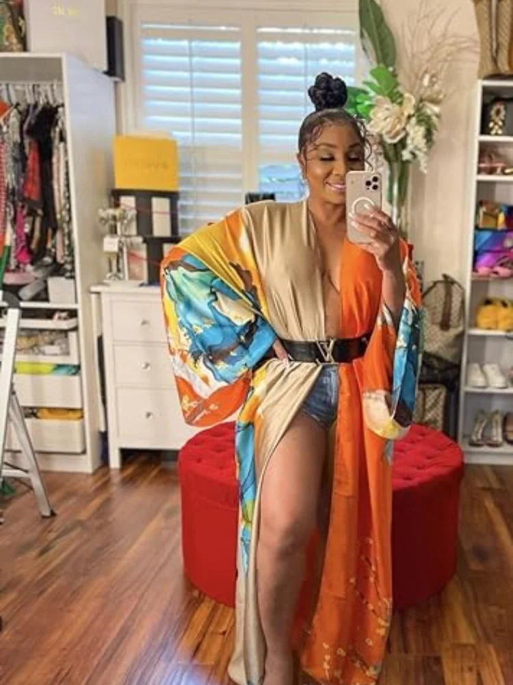 Kimono-Roben, lange Strickjacken für Damen, Boho-Blumenmuster, seidig, vorne offen, Badebekleidung, Überzug Image