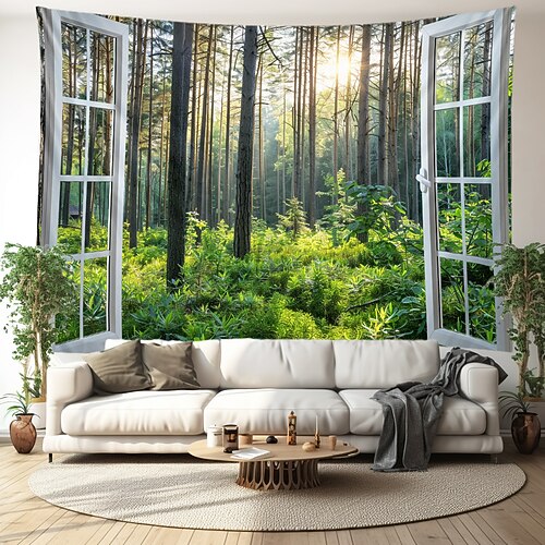 Fenster Waldblick Wandteppich Wanddekoration großer Wandteppich Wandbild Dekor Fotografie Hintergrund Decke Vorhang Home Schlafzimmer Wohnzimmer Dekoration Wandtuch XXL Natur Image
