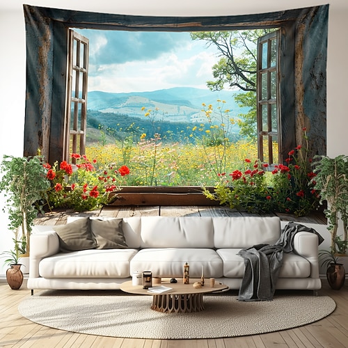 Fenster Bergblick Hängeteppich Wandkunst großer Wandteppich Wandbild Dekor Fotografie Kulisse Decke Vorhang Haus Schlafzimmer Wohnzimmer Dekoration Cottagecore Wandtuch XXL Natur Image