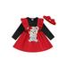 Infant Girl Fall A-Line Dress Long Sleeve Round Neck Ruffled Bear Embroidery Patchwork Dress with Bow Headband