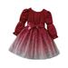 Virmaxy Toddler Baby Girls Gradient Princess Dresses Long Sleeve Mesh Dress Bubble Sleeve Dress Winter Velvet Patchwork Mesh Gown Dress Ruffle Cuff Dress Red 5T