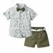 Virmaxy Toddler Baby Boys Floral Printed Bow Shirt 2 PC Set Infant Baby Boys Short Sleeve Open Front Shirt Shorts Suit with Tie Belt Fashion Button Lapel Tops Pants with Pocket Olive Green 4T