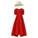 Tengma Toddler Girls Dresses New Summer Red Polka Dot Round Neck Bubble Sleeve Big Bow Princess Dress+Sun Hat Princess Dresses Watermelon Red 140