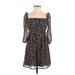 Row A Casual Dress - Mini Square 3/4 sleeves: Black Print Dresses - Women's Size Small