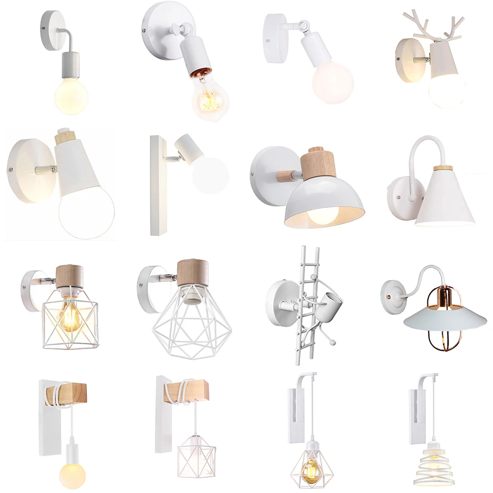 Nordic Moderne E27 LED Wand Lampe Eisen Holz Weiß Wandlampen Licht für Indoor Hause Gang Veranda Küche Nacht Schlafzimmer Dekoration Image
