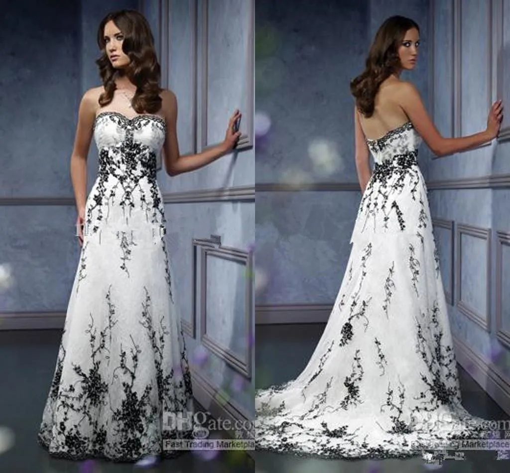 Vintage Gothic Brautkleid maßgeschneidertes herzförmiges schwarzes Stickerei-Akzent-Brautkleid in A-Linie in Schwarz und Weiß