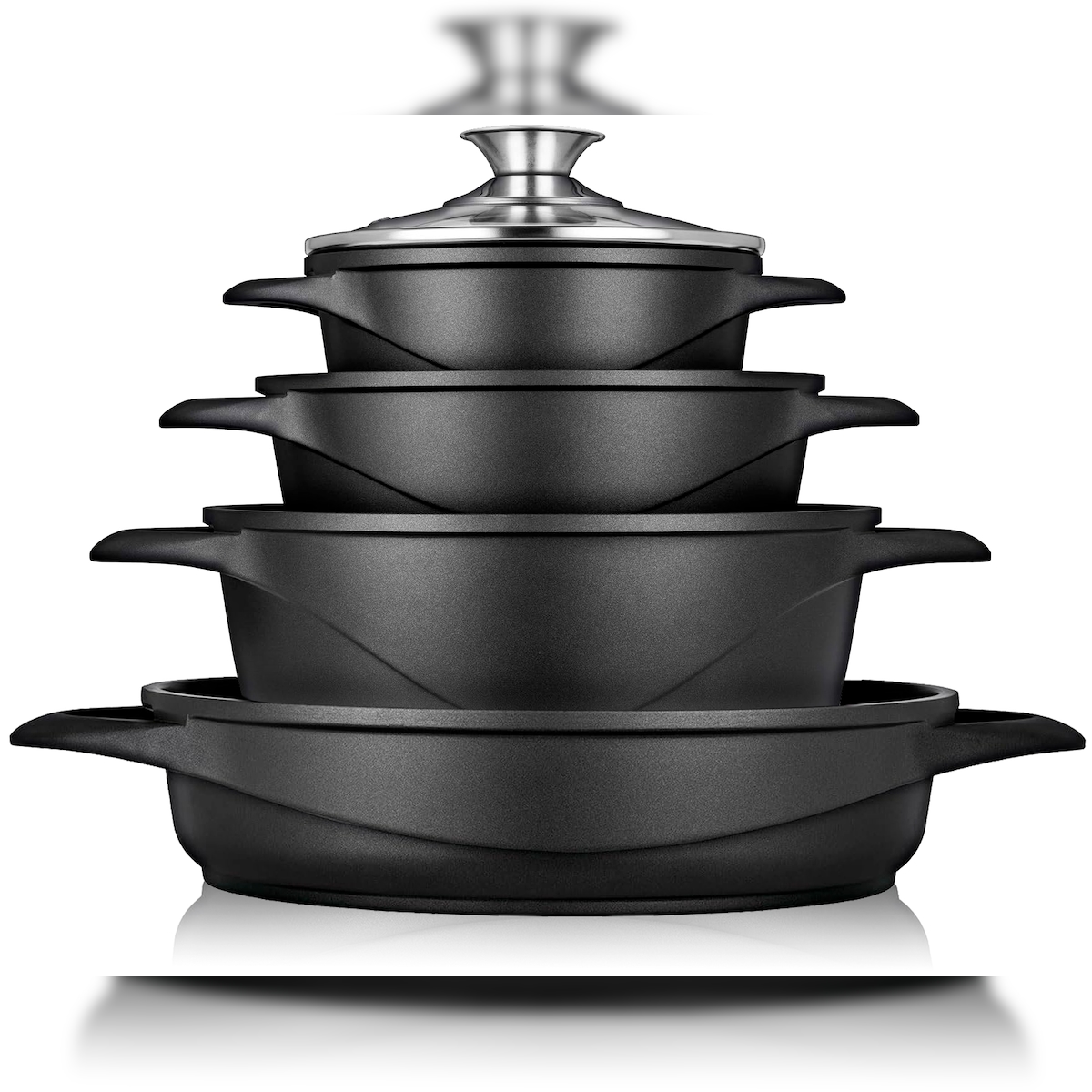 Briebe MGK-17 Kochtopf Set Induktions 8-Teilig Aluminiumguss 4 Kochtöpfen 4 Glasdeckel, Schwarz Image