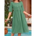 Robe en coton et lin Robe d'été en coton Femme Robe Maxi Mélange de Lin Coton Décontractées Vacances Col Ras du Cou Bouton Poche Demi Manches Eté Printemps Ample Rose Claire bleu marine Vert Plein