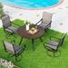 simple 5 Pieces Outdoor Dining Set 4 Sling Dining Swivel Chairs and 48 Round Metal Wood Grain Table with 2 Umbrella Hole Furniture Sets for Lawn Backyard Garden