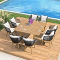 simple LEAF 11 Pieces Patio Dining Set Wicker Outdoor Furniture Rectangular Table and Chairs Set for Garden Deck Teak-Finish Aluminum Frame Backyard Kitchen Set Cushions and Pillows Incl