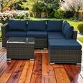 4 Pieces Patio Furniture Set Patio Conversation Set All Weather Outdoor Sectional Patio Sofa Wicker Rattan Patio Seating Sofas with Cushion and Glass Table Blue