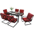 simple 7 Piece Outdoor Patio Dining Set 6 Spring Motion Cushion Chairs 1 Rectangular Table with 1.57 Umbrella Hole Furniture Sets for Lawn Backyard Garden Red