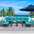 NICESOUL 8 Piece Aluminum Outdoor Patio Furniture Conversation Sofa Set Grey Large Size Sectional Couch with Coffee Table Teal Blue Olefin Cushion for Backyard Garden 2 Color Cushions