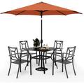 simple VILLA 7 Piece Outdoor Dining Set with Umbrella for 6 60\u201D Rectangular Metal Dining Table & 6 Stackable Metal Chairs & 13ft Large Beige Umbrella for Outdoor Deck Yard