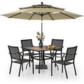 VILLA Outdoor 10ft Patio Umbrella Set for 4 with 5 Pieces Dining Table Chairs Metal Outdoor Stackable Wrought Iron Chair Set of 4 & 37 Metal Table 3 Tier Vented Dark Blue Umbrel