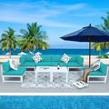 NICESOUL 8 Piece Aluminum Outdoor Patio Furniture Conversation Sofa Set White Large Size Luxury Sectional Couch with Coffee Table Teal Blue Olefin Cushion for Backyard Garden 2 Color Cushion