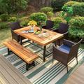 simple & William 6 Pieces Patio Dining Set for 6 4 PE Rattan Chairs and 1 Rectangular Acacia Wood Table and 1 Bench Outside Table and Chairs with Cushions Outdoor Furniture for Dec