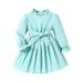 Gwiyeopda 4-7Y Toddler Kids Girl Casual Long Sleeve Ruffle Collar Pleated Dress Flared Belted A-Line Dress