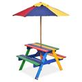 Kids Picnic Table Set w/Removable & Foldable Umbrella Outside Table Set with Benches Wooden Table and Bench Set for Toddler Boys Girls (Colorful)