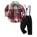 Baby Boy Outfits Long Sleeve Shirt Top Plaid Trousers Pants Three Pieces Child Kids Gentleman Suit Bowtie Set Overalls Baby Clothes Red 2 Years-3 Years