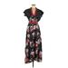 Casual Dress - Maxi Plunge Short sleeves: Black Floral Motif Dresses - Women's Size Medium