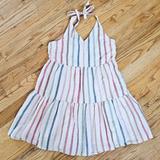 American Eagle Outfitters Dresses | American Eagle Xl Halter Dress Rainbow Stripes Linen Blend Tiered Ruffle Stretch | Color: Blue/White | Size: Xl