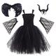 Kids Maleficent Costume, Girl Princess Fancy Evil Queen Dress Up Handmade Knitted Tulle Dress with Horn Headband Devil Witch Halloween Carnival Cosplay Party Outfit