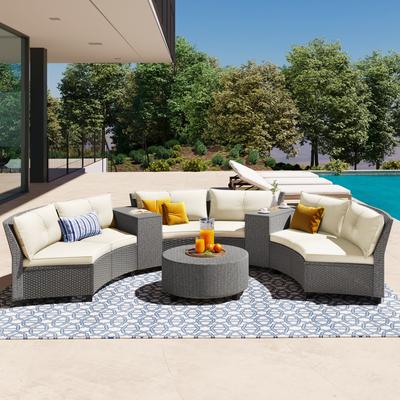 6 - Person Fan-shaped Rattan Suit Combination with Cushions and Table