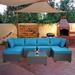 Set of 7 Garden Patio Furniture PE Rattan Wicker Sofa Sets and Coffee Table, Black+Blue
