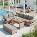 Set of 5 Outdoor PE Wicker Patio L-Shaped Rattan Sectional Sofa Set with Dining Table and Washable Covers, Brown