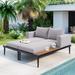 Outdoor Patio Metal Daybed with Wood Topped Side Spaces 2 in 1 Padded Chaise Lounges, Gray