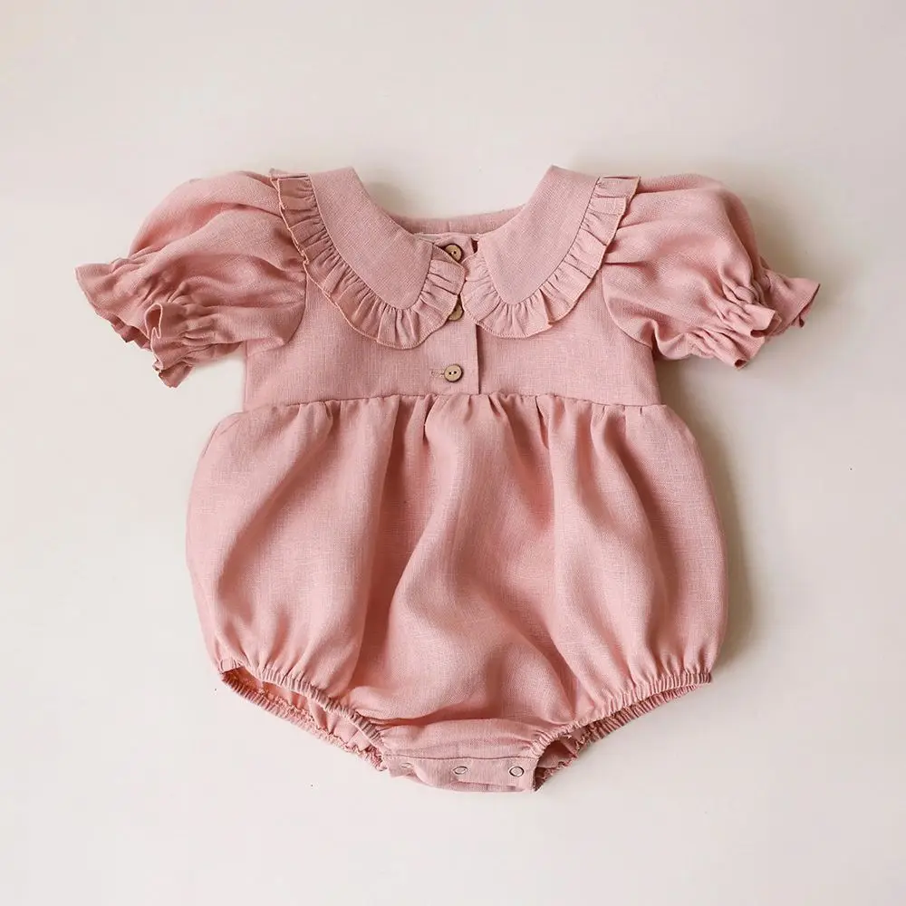 Sommer Baby Mädchen Body Rosa Leinen Baumwolle Kurzarm Kleinkind Baby Mädchen Overall Kleidung Image
