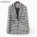 Blazer en tweed à carreaux noir et blanc pour femme veste à revers manches longues printemps