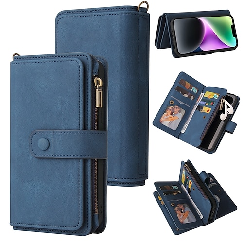 Handy Hülle Handyhüllen Für iPhone 17 Pro Max 17 Air 16 15 14 Pro Max Plus 13 12 11 Pro Max Mini Brieftaschenhülle Reisverschluss Vollschutz Mit Handgelenkschlaufe Retro TPU PU-Leder Image