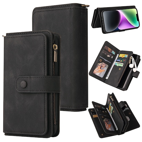 Handy Hülle Handyhüllen Für iPhone 17 Pro Max 17 Air 16 15 14 Pro Max Plus 13 12 11 Pro Max Mini Brieftaschenhülle Reisverschluss Vollschutz Mit Handgelenkschlaufe Retro TPU PU-Leder Image