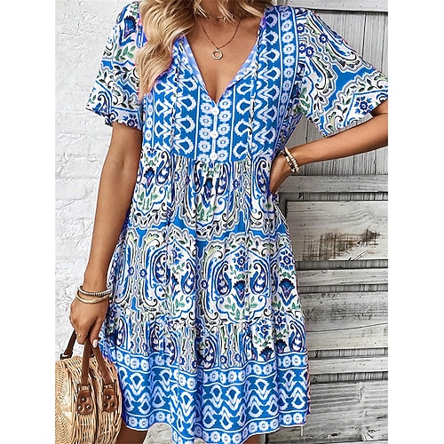 Damen Minikleid Casual kleid Boho Chic Kleider Sommerkleid Boho-Kleid Brautkleider schlicht Boho Urlaub Täglich Strand Lockere Passform Blumen Kurzarm V Ausschnitt Rote Blau Fuchsie Sommer Image