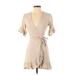 WAYF Casual Dress - Wrap V-Neck Short sleeves: Tan Dresses - Women's Size X-Small