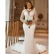 Robe de mariée sirène à col transparent arabe grande taille manches longues dentelle perlée sexy