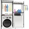 Over Washer and Dryer Shelves Laundry Room Storage Organization Clothes Drying Rack 4 Tier Adjustable Height Wire Shelving with Wire Basket Hanger Rod&Hook Space Saving Shelf