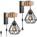 Plug in Wall Sconces Set of Two Farmhouse Wall Mounted Lights with Plug in Cord Black Rustic Wall Lamp for Bedroom Bedside Living Room with Wood Arm and 70.8inch On/Off Switch Cord 2 Pack