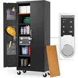 Metal Storage Cabinet with Wheels - Garage Storage Cabinet with Locking Doors Digital Lock Adjustable Shelf Height Additional Leg Levelers Included Pegboard and Accessories (Black)
