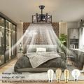 18 Industrial Ceiling Fan with LED Light Remote Control 3-Speed 7 Wood Blades Enclosed Caged Ceiling Fan Downrod Mount Metal Retro Edison Chandelier Fan